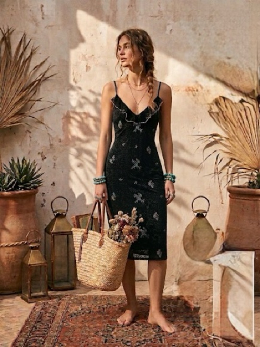 Y2K Black Leopard Dress with Sheer Floral Overlay Slip Dress with Ruffle Trim